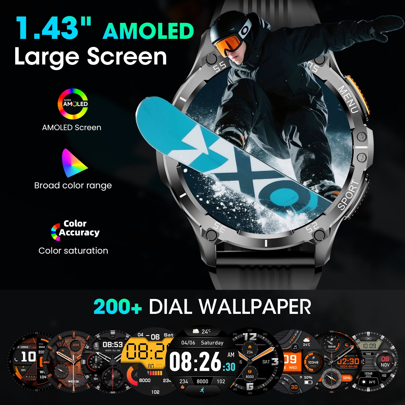 1.43-inch Men's and Women's Smartwatch with Fitness Tracking, Answer/Dial/100 Sport Modes, IP67 Water Resistant Sports Pedometer Fitness Watch fits for Android and iPhone Devices (Black) - Image 4