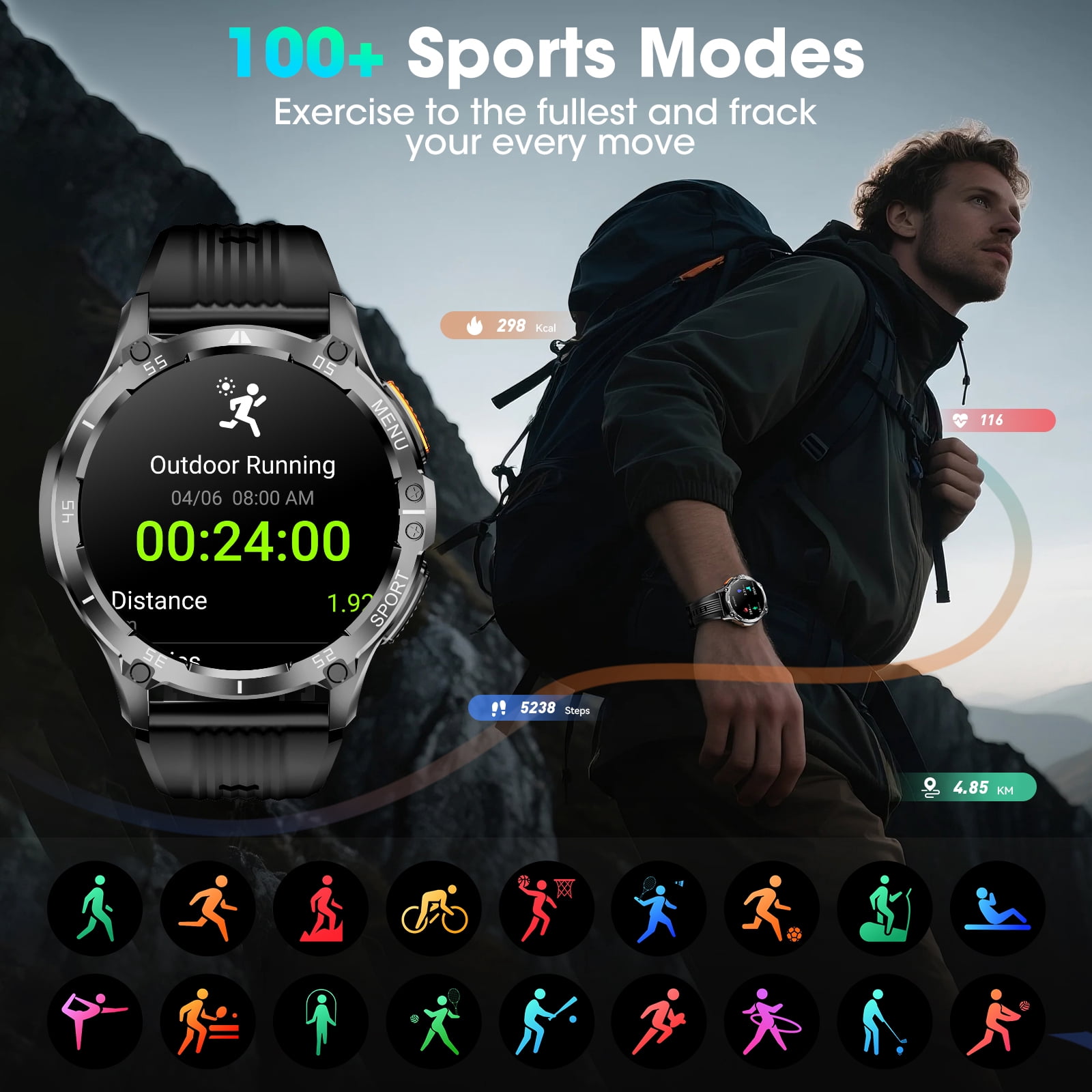 1.43-inch Men's and Women's Smartwatch with Fitness Tracking, Answer/Dial/100 Sport Modes, IP67 Water Resistant Sports Pedometer Fitness Watch fits for Android and iPhone Devices (Black) - Image 3