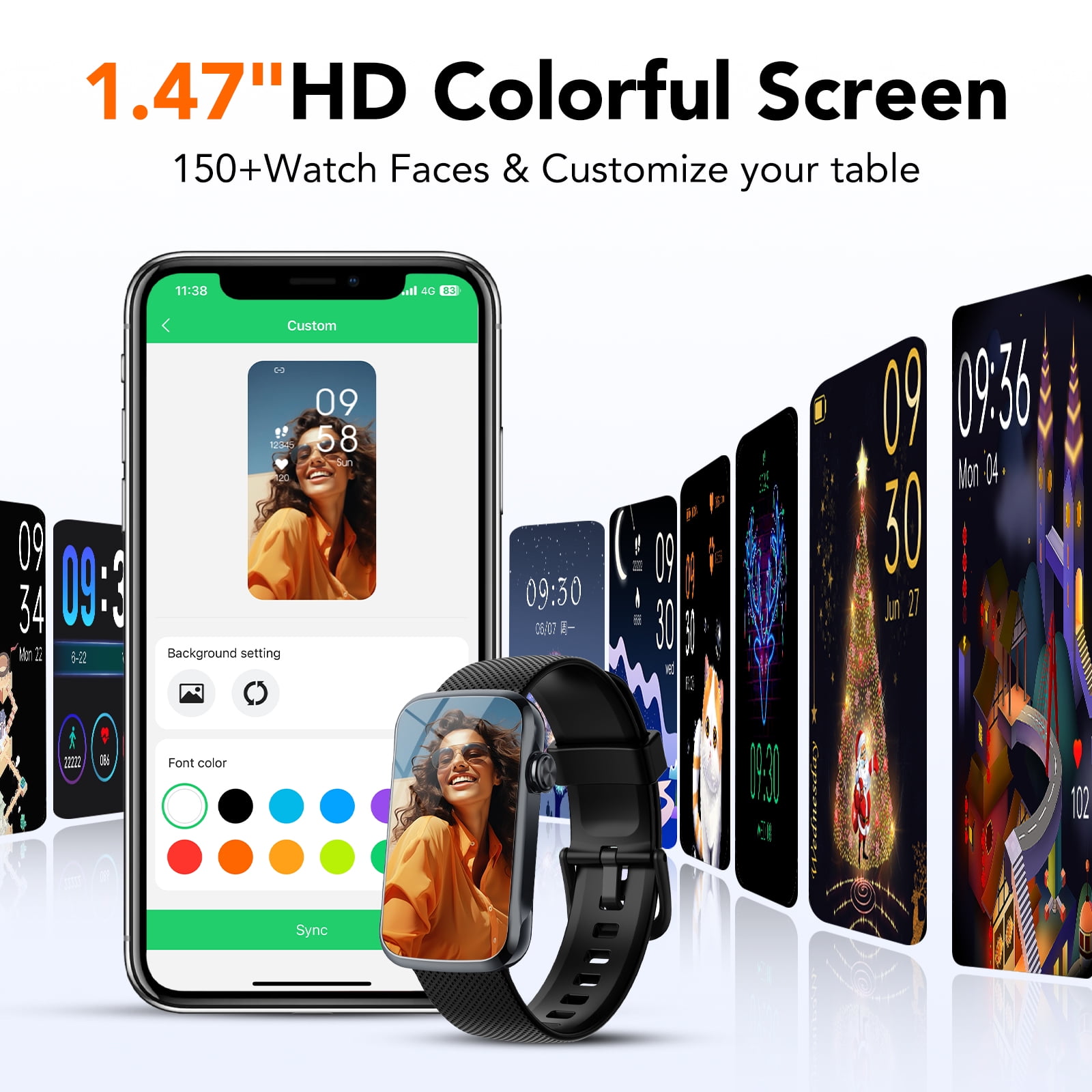 1.47" Fitness Tracker, Smartwatch for Women Men with Multiple Sport Modes Step Counter, Bluetooth Calls (Make/Answer), IP68 Waterproof, Fitness Tracker Compatible with Android and iPhone, Black - Image 4