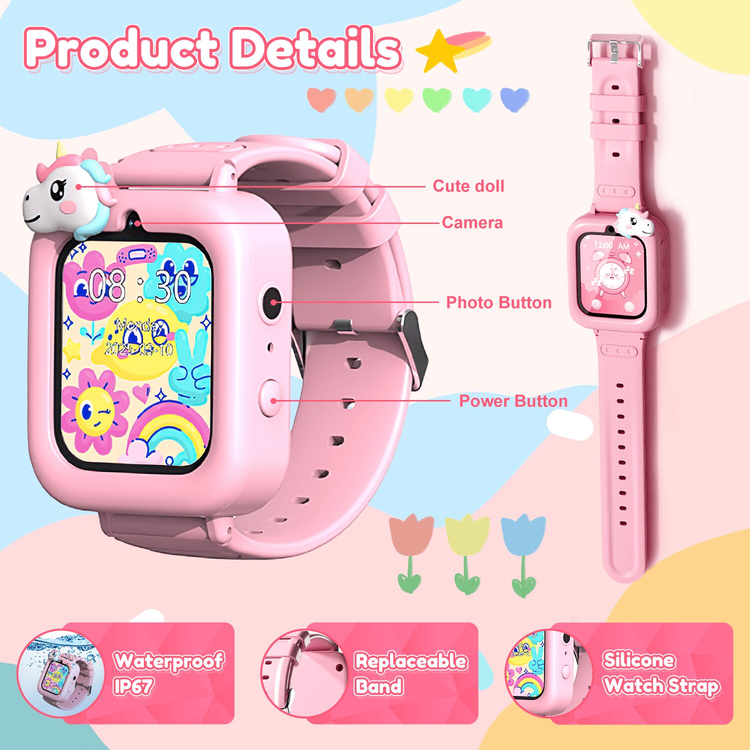 1.83" Kids Smart Watch for Girls HD Touch Screen with 39 Educational Games, Camera, Pedometer, Alarm Clock, ABC Learning, Music Player, Birthday Gift for Boys Girls Ages 5-12 - Image 3