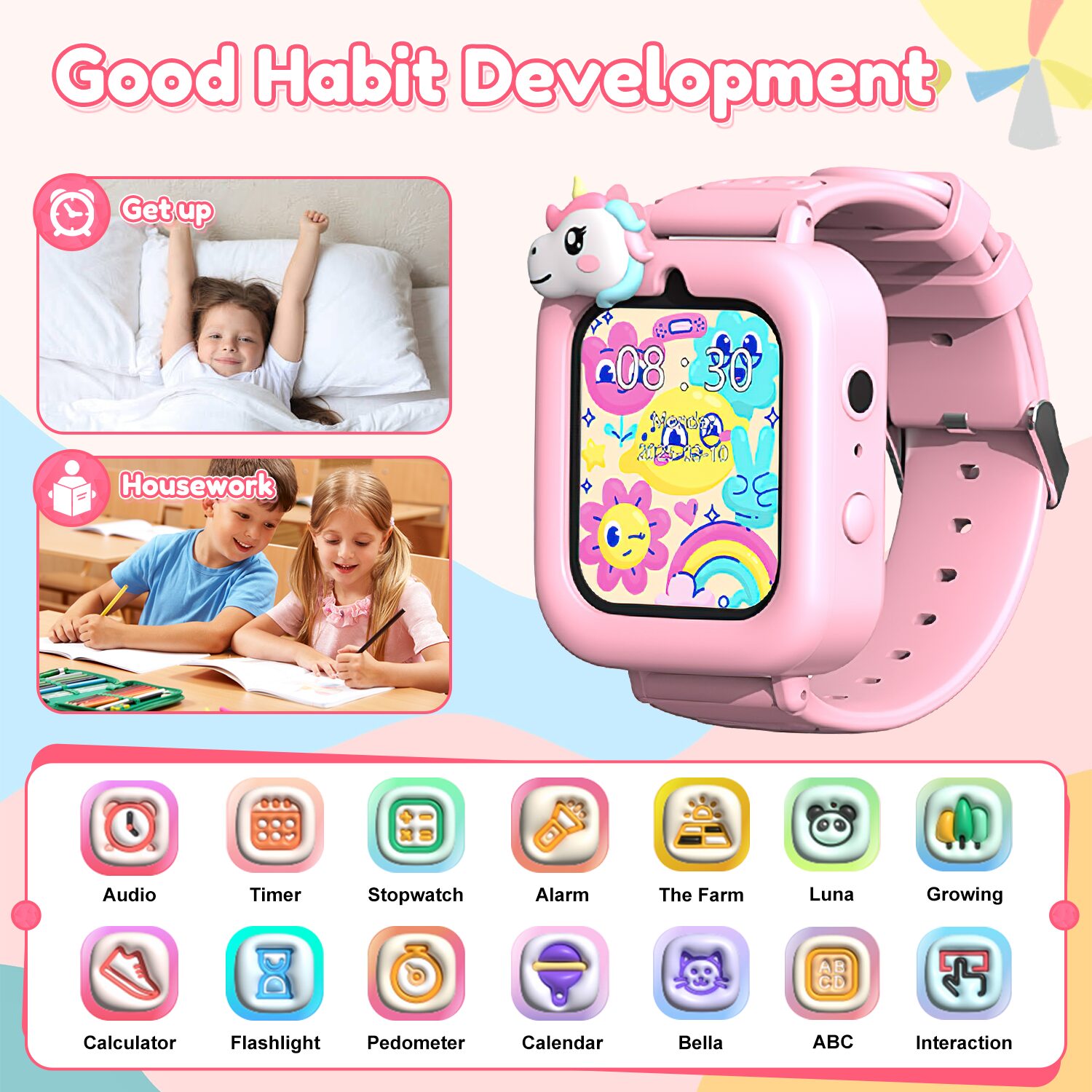 1.83" Kids Smart Watch for Girls HD Touch Screen with 39 Educational Games, Camera, Pedometer, Alarm Clock, ABC Learning, Music Player, Birthday Gift for Boys Girls Ages 5-12 - Image 4