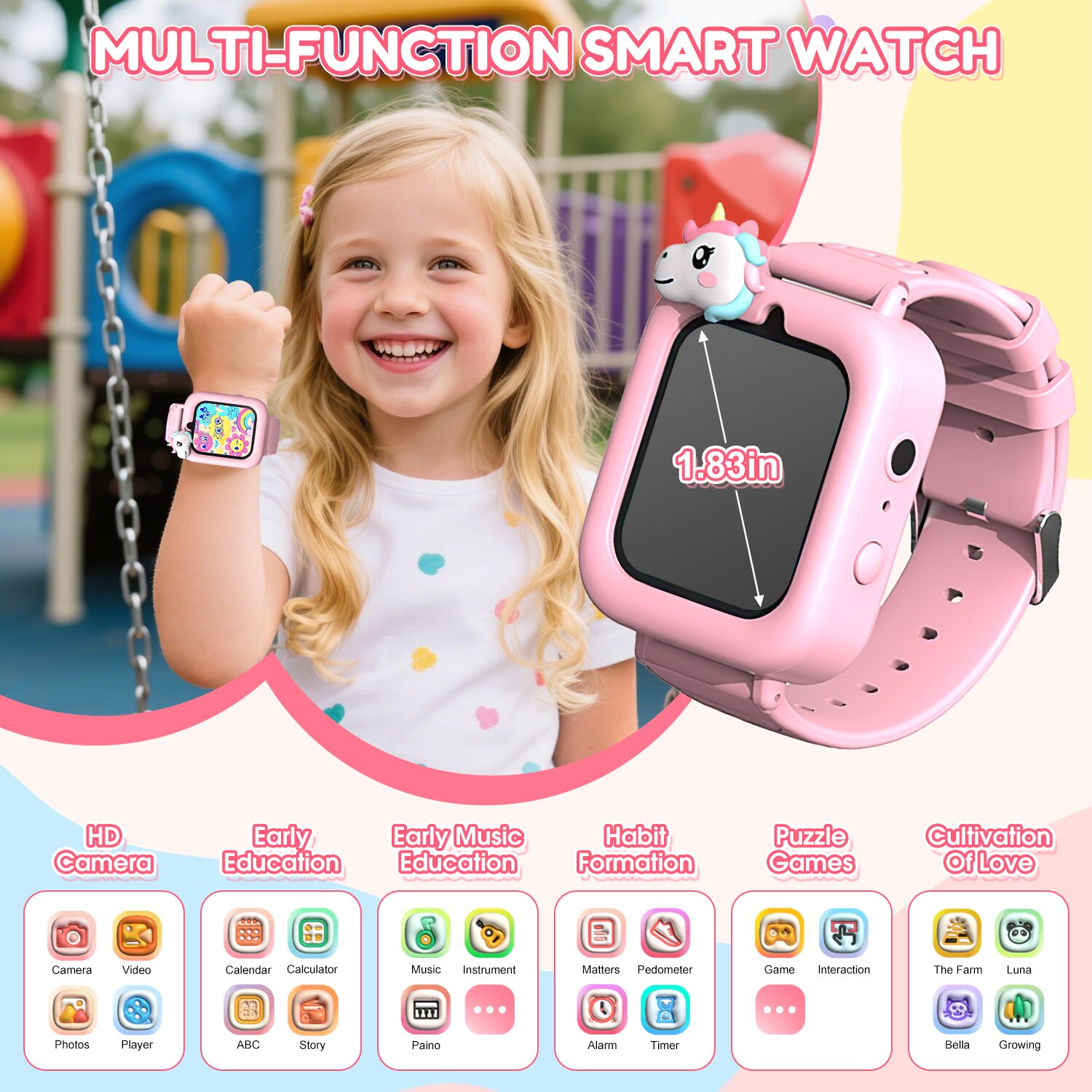 1.83" Kids Smart Watch for Girls HD Touch Screen with 39 Educational Games, Camera, Pedometer, Alarm Clock, ABC Learning, Music Player, Birthday Gift for Boys Girls Ages 5-12 - Image 2