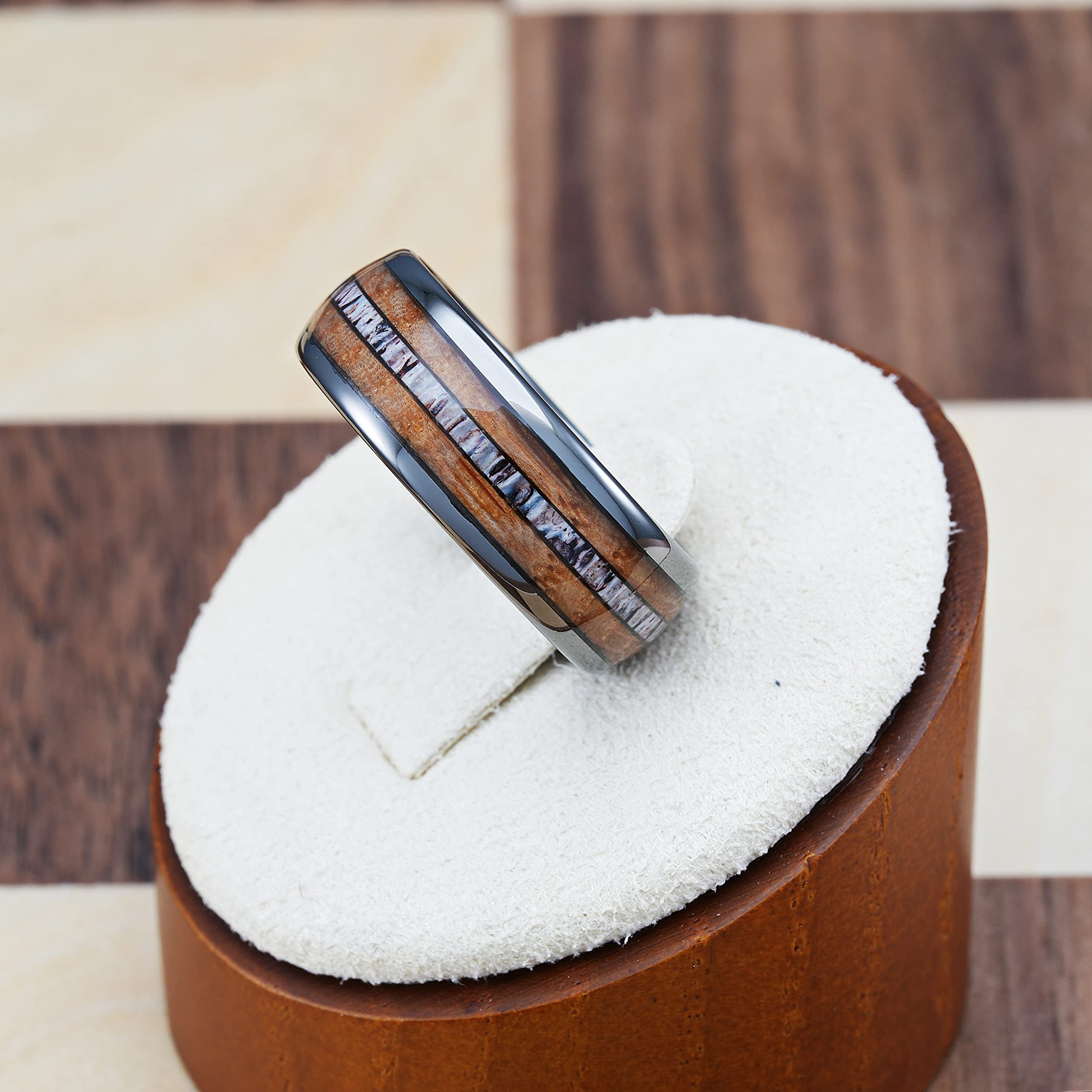 100S JEWELRY Gunmetal Gray Tungsten Rings For Men Whiskey Barrel Wood & Elk Anters Inlay Wedding Promise Engagement Band Size 6-16 (Tungsten, 10) - Image 2