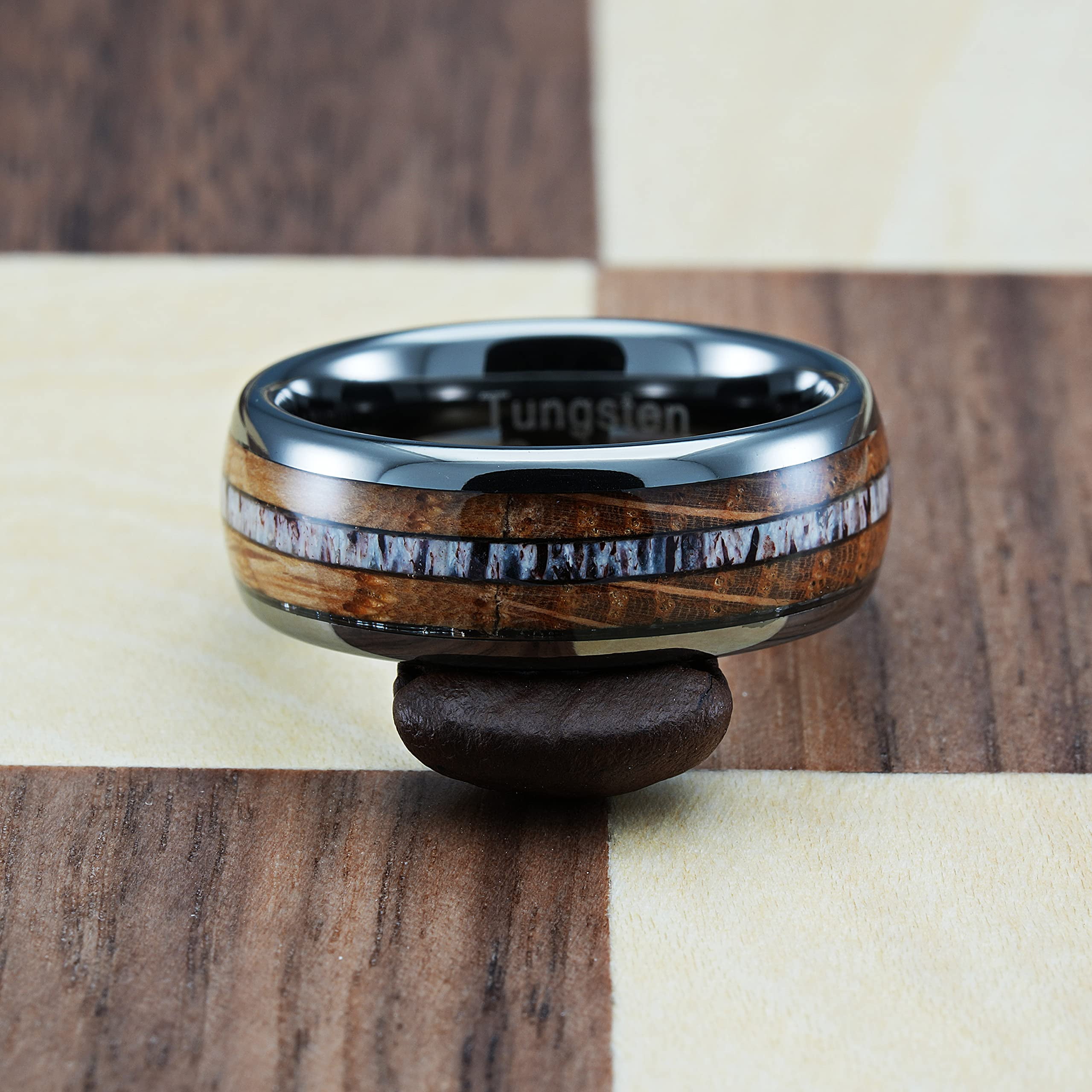 100S JEWELRY Gunmetal Gray Tungsten Rings For Men Whiskey Barrel Wood & Elk Anters Inlay Wedding Promise Engagement Band Size 6-16 (Tungsten, 10) - Image 3