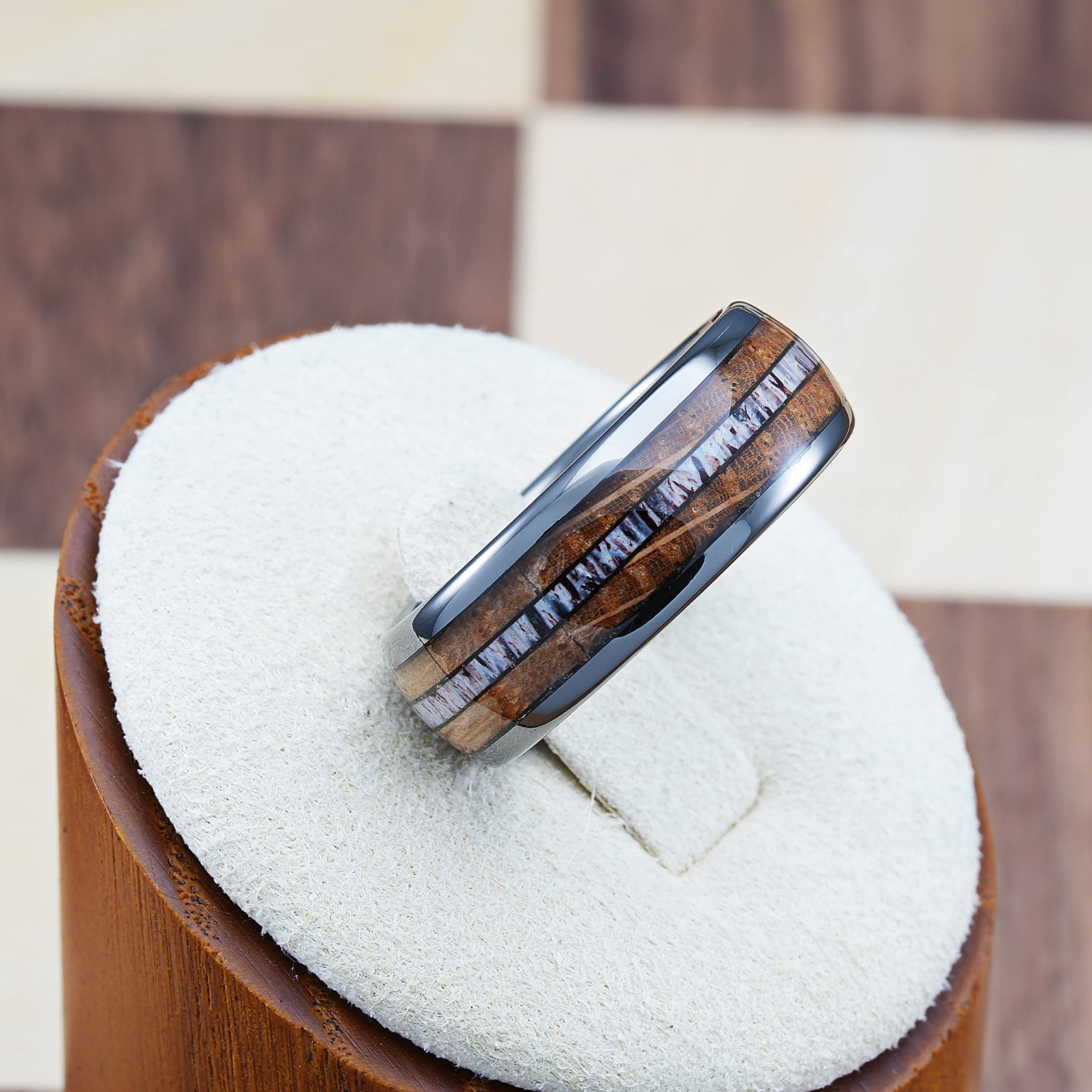 100S JEWELRY Gunmetal Gray Tungsten Rings For Men Whiskey Barrel Wood & Elk Anters Inlay Wedding Promise Engagement Band Size 6-16 (Tungsten, 10) - Image 5