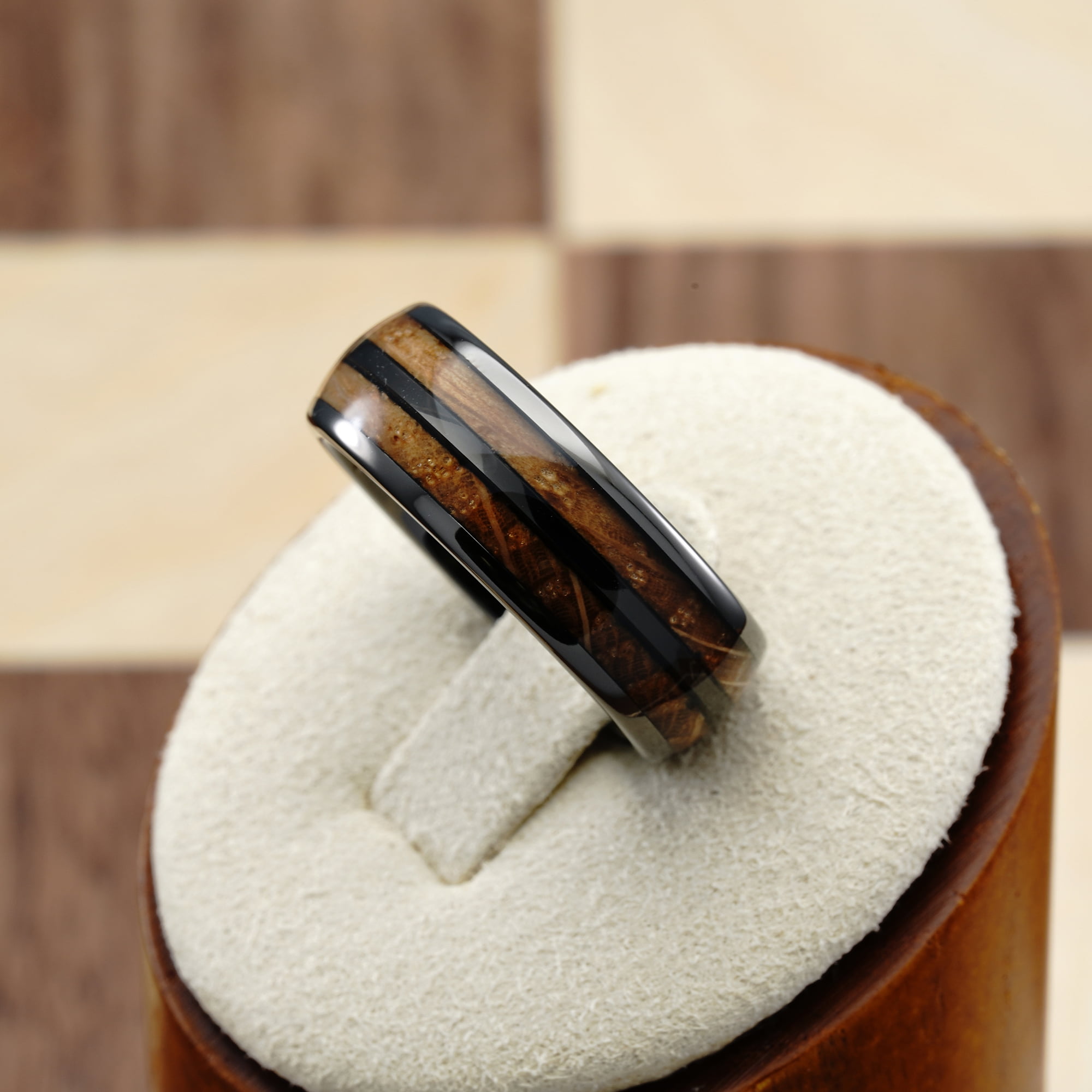 100S JEWELRY Gunmetal Gray Tungsten Rings For Men whiskey barrel Wood grain Inlay wooden Wedding Promise Engagement Band Size 6-16 (Tungsten, 10) - Image 3