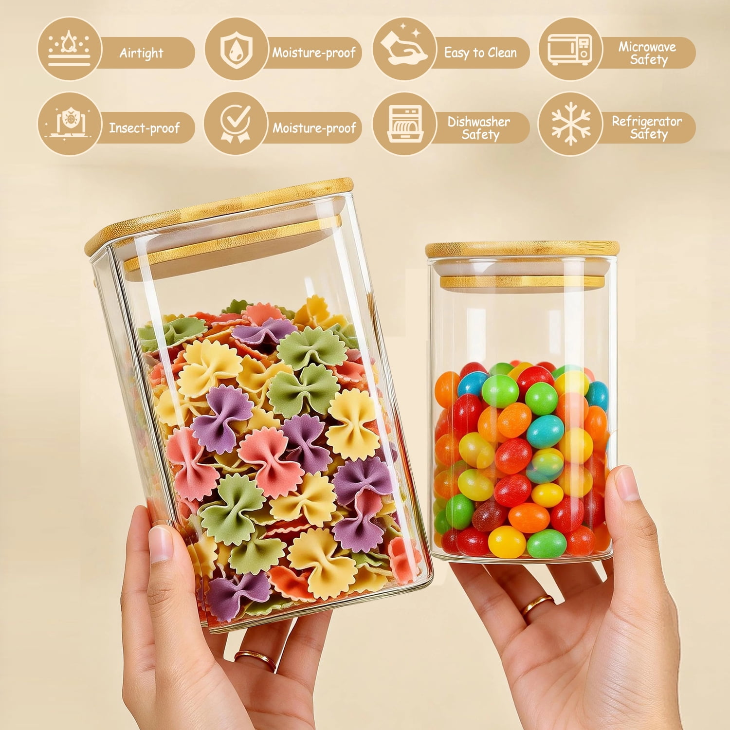 12 Pack Glass Storage Jars Set, 23oz & 37oz Clear Glass Food Storage Containers with Airtight Bamboo Lid, Stackable Kitchen Canisters for Candy, Cookie, Flour, Pasta, Nuts & Spice ( Labels + Marker) - Image 3
