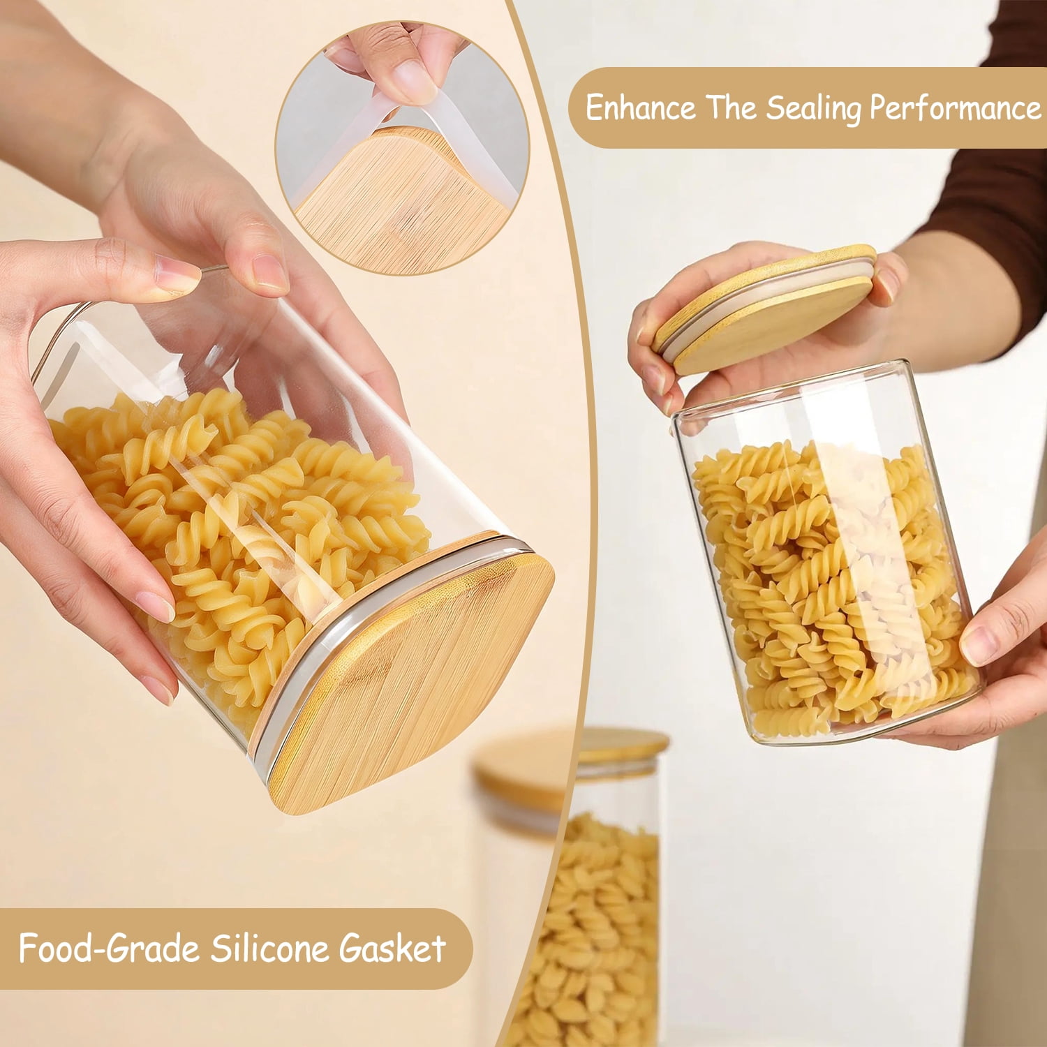 12 Pack Glass Storage Jars Set, 23oz & 37oz Clear Glass Food Storage Containers with Airtight Bamboo Lid, Stackable Kitchen Canisters for Candy, Cookie, Flour, Pasta, Nuts & Spice ( Labels + Marker) - Image 2