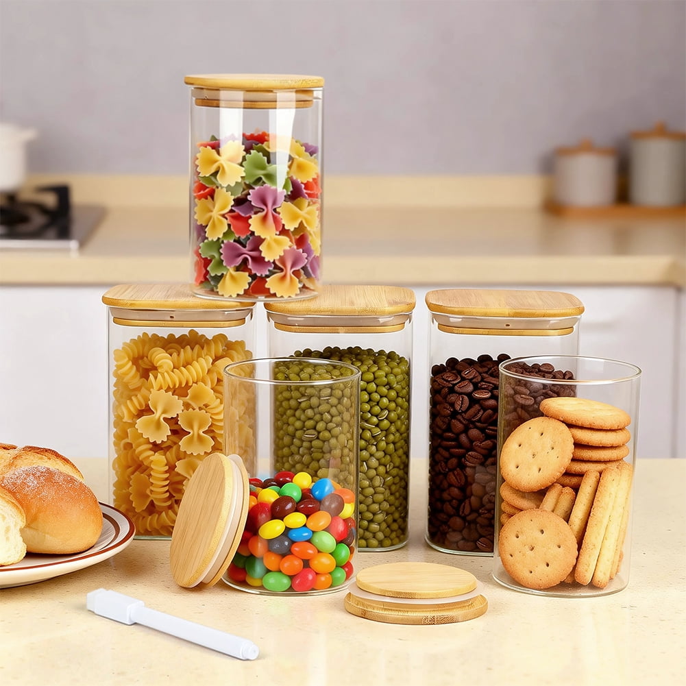 12 Pack Glass Storage Jars Set, 23oz & 37oz Clear Glass Food Storage Containers with Airtight Bamboo Lid, Stackable Kitchen Canisters for Candy, Cookie, Flour, Pasta, Nuts & Spice ( Labels + Marker) - Image 4