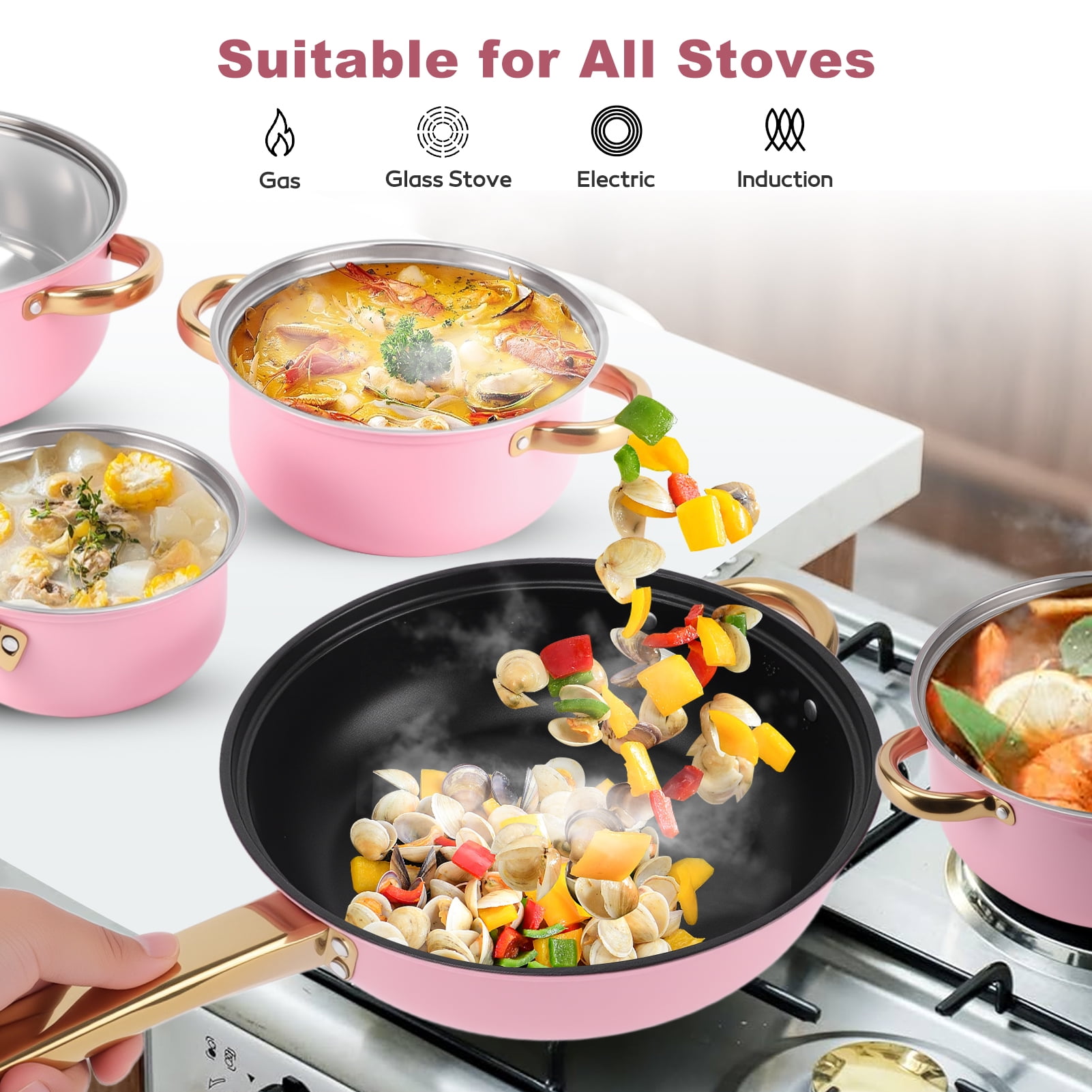 12 Piece Stainless Steel Cookware Set, Nonstick Cookware Set, Kitchen Pots and Pans Tea Kettle Set with Glass Lid for Cooking, Dishwasher, Pink - Image 2
