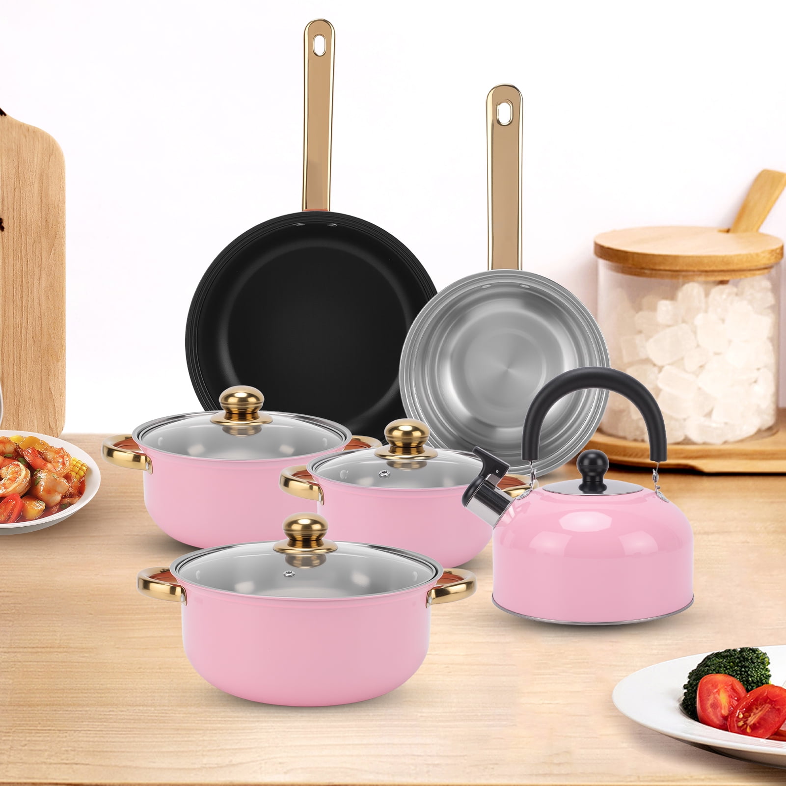 12 Piece Stainless Steel Cookware Set, Nonstick Cookware Set, Kitchen Pots and Pans Tea Kettle Set with Glass Lid for Cooking, Dishwasher, Pink - Image 4