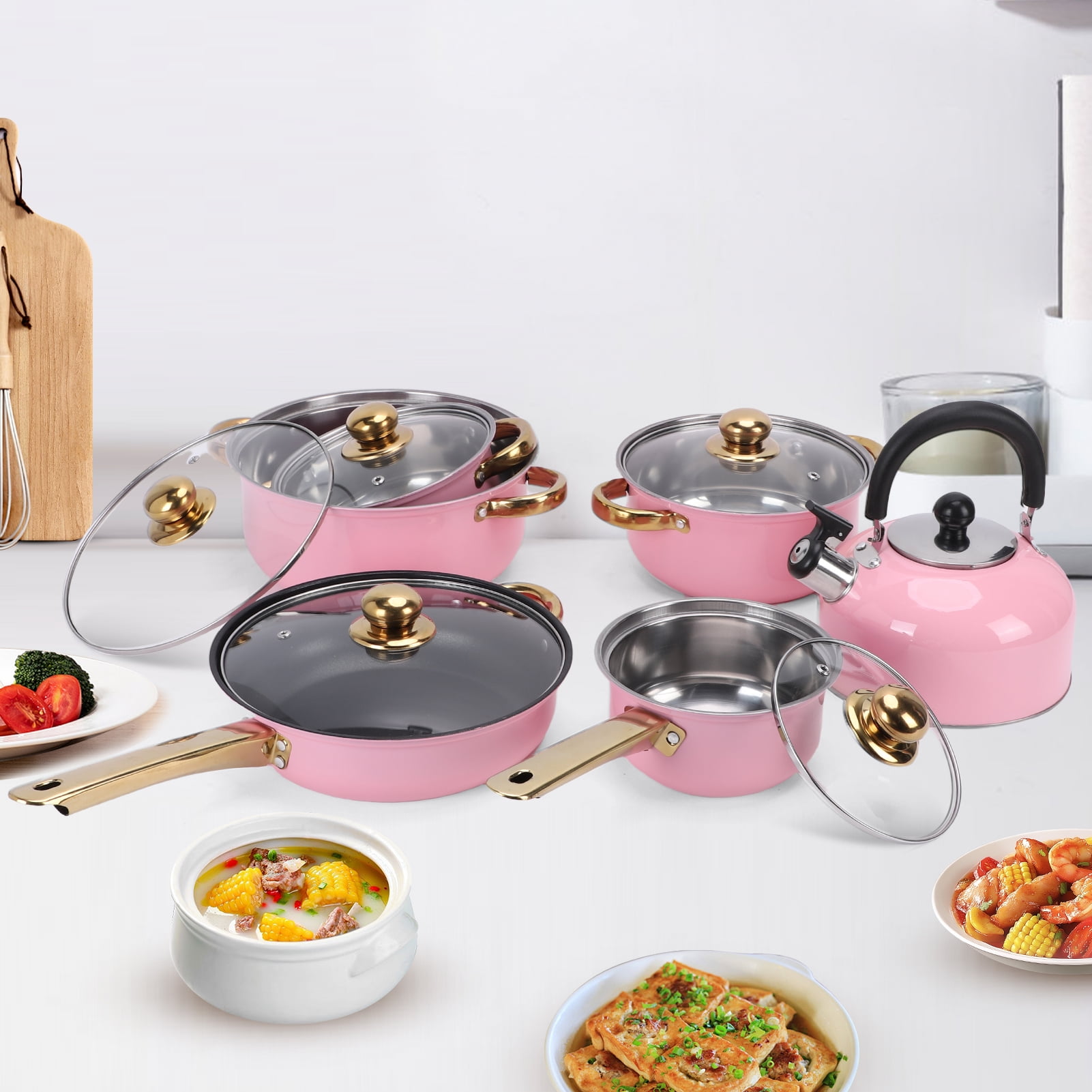 12 Piece Stainless Steel Cookware Set, Nonstick Cookware Set, Kitchen Pots and Pans Tea Kettle Set with Glass Lid for Cooking, Dishwasher, Pink - Image 3
