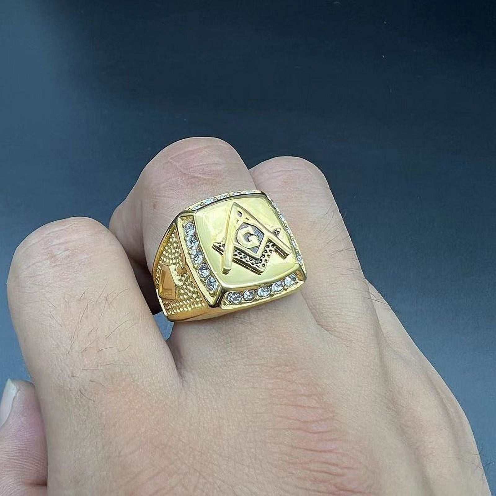 14K Yellow Gold Coolen Gold Color Freemason Ring Men Hip Hop Iced Out Bling Crystal Masonic Rings Fashion Jewelry - Image 4