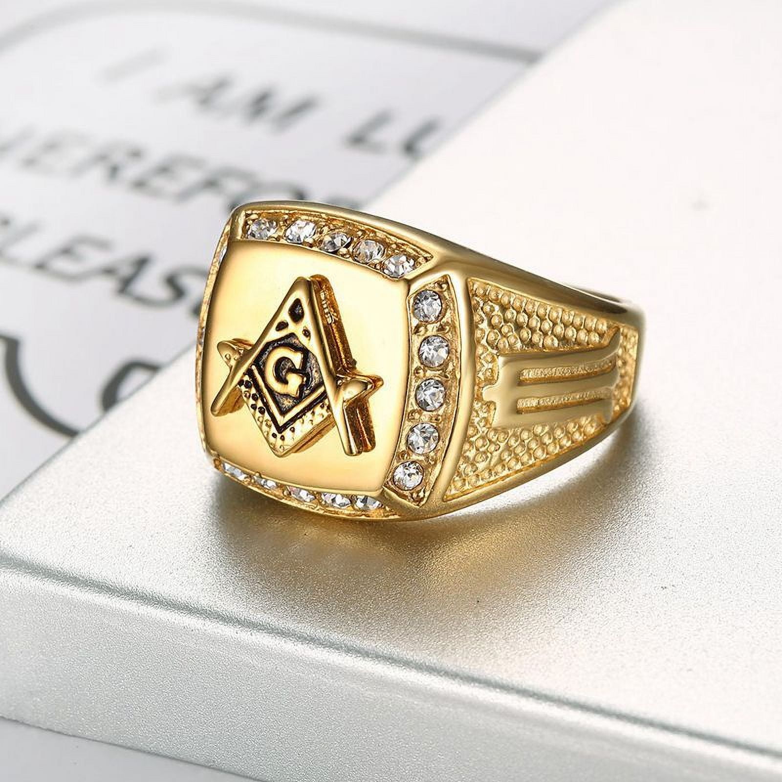 14K Yellow Gold Coolen Gold Color Freemason Ring Men Hip Hop Iced Out Bling Crystal Masonic Rings Fashion Jewelry - Image 5