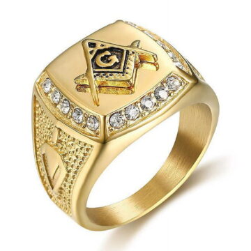 14K Yellow Gold Coolen Gold Color Freemason Ring Men Hip Hop Iced Out Bling Crystal Masonic Rings Fashion Jewelry