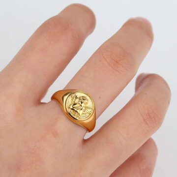 14K Yellow Gold Heart Shape Angel Rings For Women Retro Chunky Rings Jewelry A185
