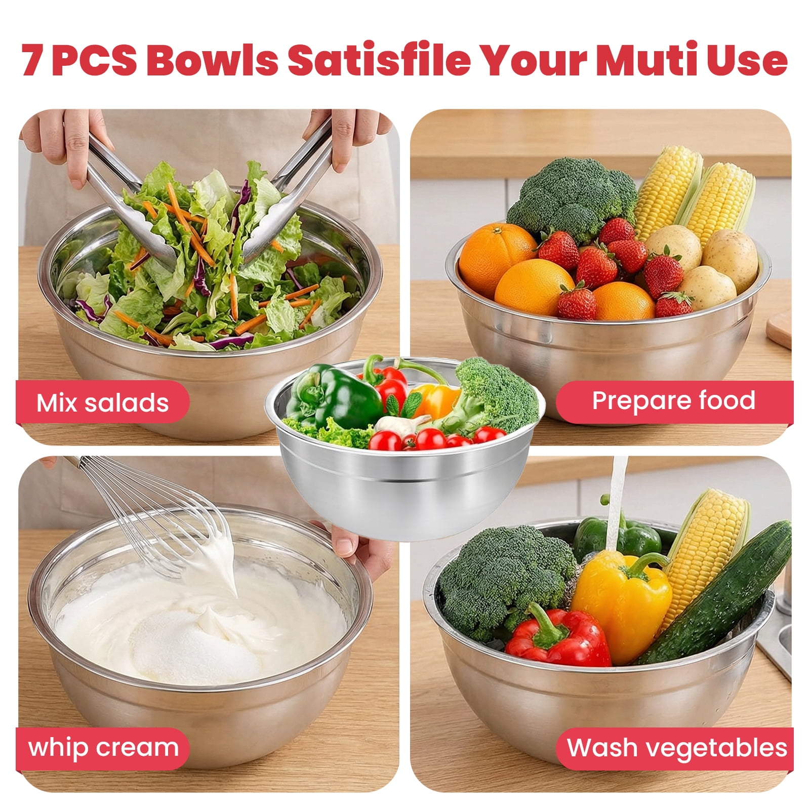 29PCS Stainless Steel Mixing Bowls with Lids Set, with 3 Grater Attachments Size 4.5, 4, 3.5, 2.1, 1.5, 1.1, 0.7QT, Ideal for Kitchen Cooking Baking & Serving - Image 5