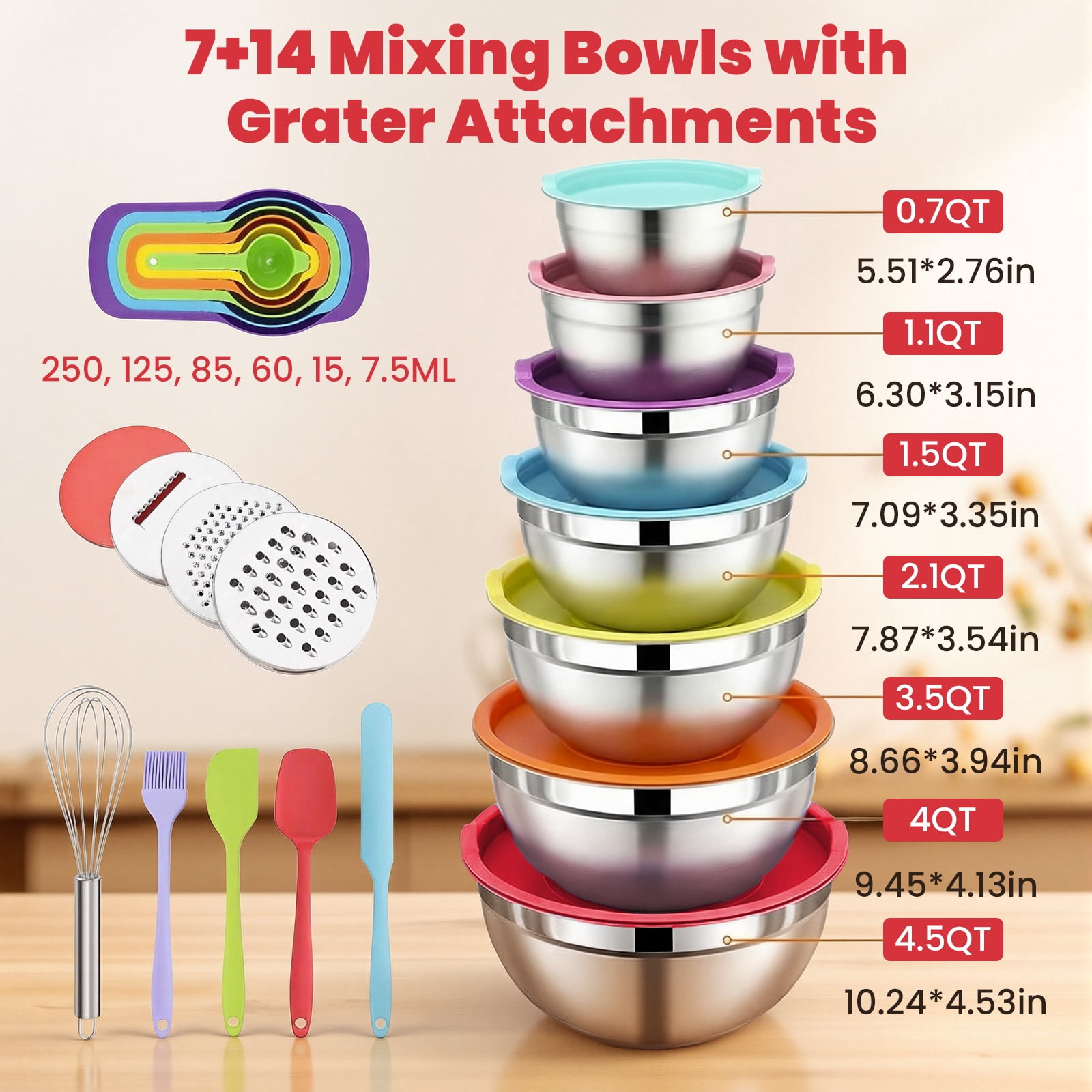29PCS Stainless Steel Mixing Bowls with Lids Set, with 3 Grater Attachments Size 4.5, 4, 3.5, 2.1, 1.5, 1.1, 0.7QT, Ideal for Kitchen Cooking Baking & Serving - Image 4