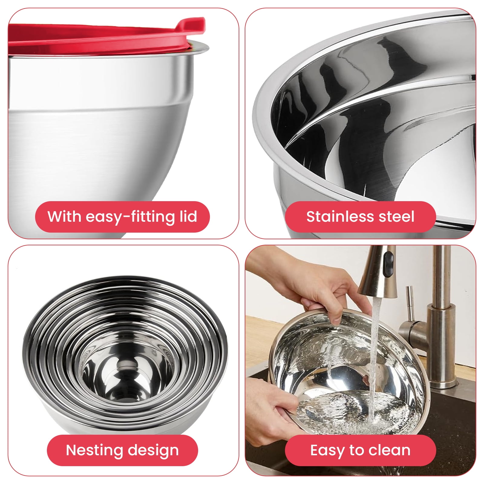 29PCS Stainless Steel Mixing Bowls with Lids Set, with 3 Grater Attachments Size 4.5, 4, 3.5, 2.1, 1.5, 1.1, 0.7QT, Ideal for Kitchen Cooking Baking & Serving - Image 3
