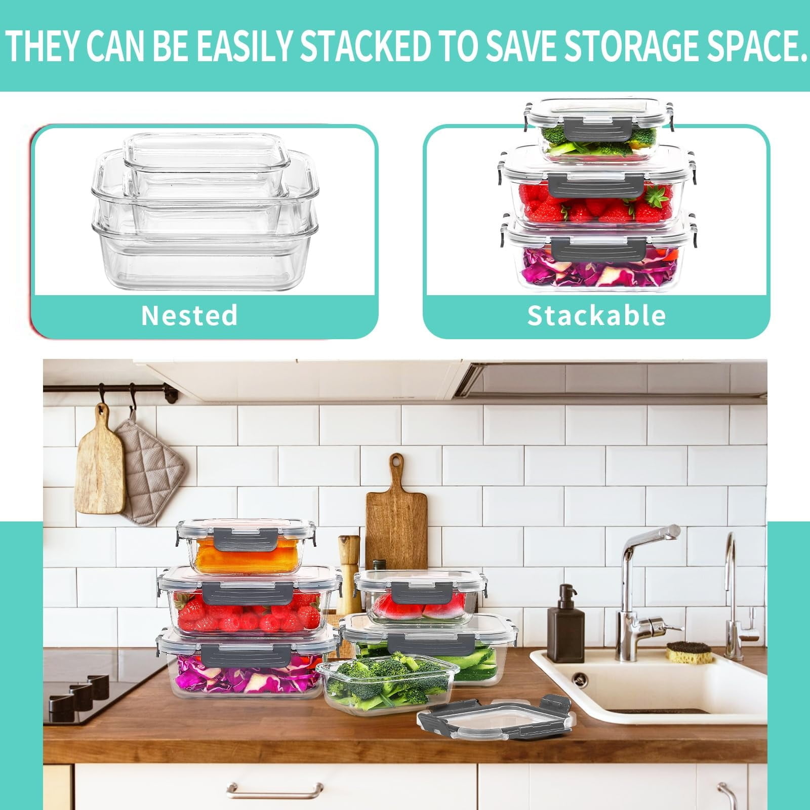30 Pcs Glass Food Storage Containers with Lids, Glass Airtight Meal Prep Container Set for Lunch, Kitchen Pantry Organizers and Storage, Leak Proof, Gray - Image 3