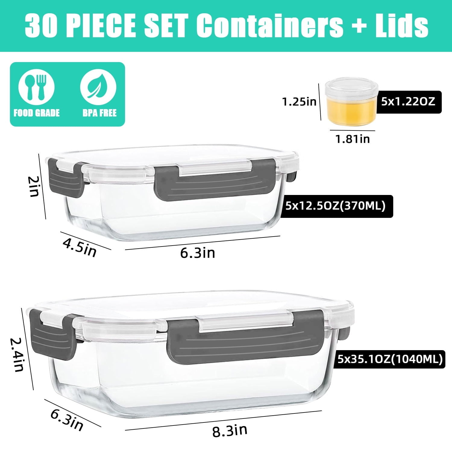 30 Pcs Glass Food Storage Containers with Lids, Glass Airtight Meal Prep Container Set for Lunch, Kitchen Pantry Organizers and Storage, Leak Proof, Gray - Image 2