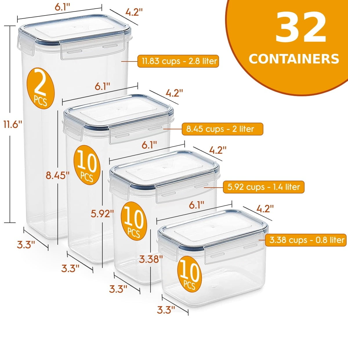 32 Pack Airtight Food Storage Containers Set, BPA Free Plastic Kitchen and Pantry Organization Canisters with Lids for Cereal, Dry Food, Flour and Sugar, Includes 32 Labels - Image 2