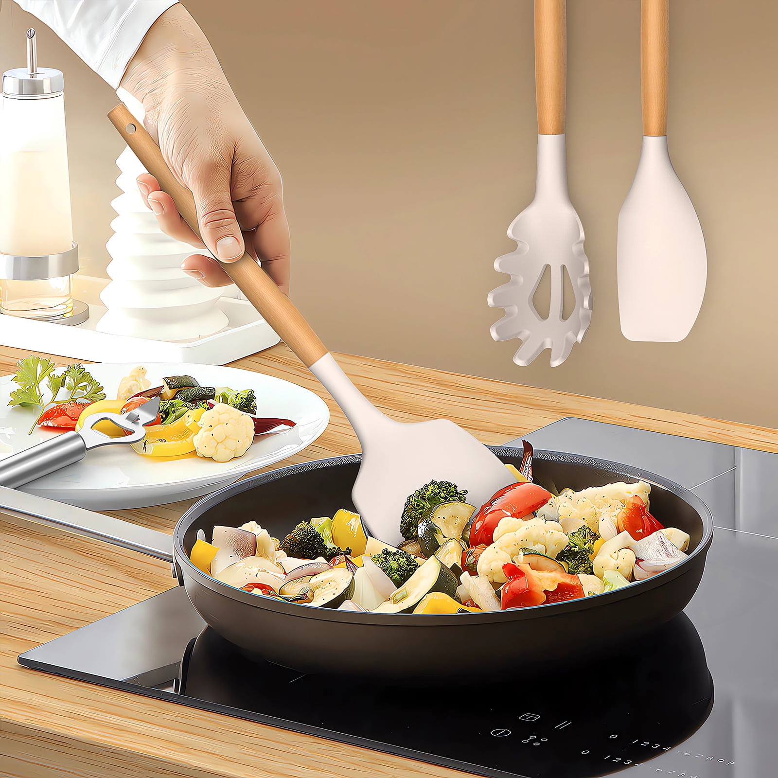 35 Silicone Cooking Utensils Set - 446°F Heat Resistant Silicone Kitchen Utensils for Cooking, Kitchen Utensil Spatula Set w Wooden Handles and Holder, BPA FREE Gadgets for Non-Stick Cookware (Khaki) - Image 2