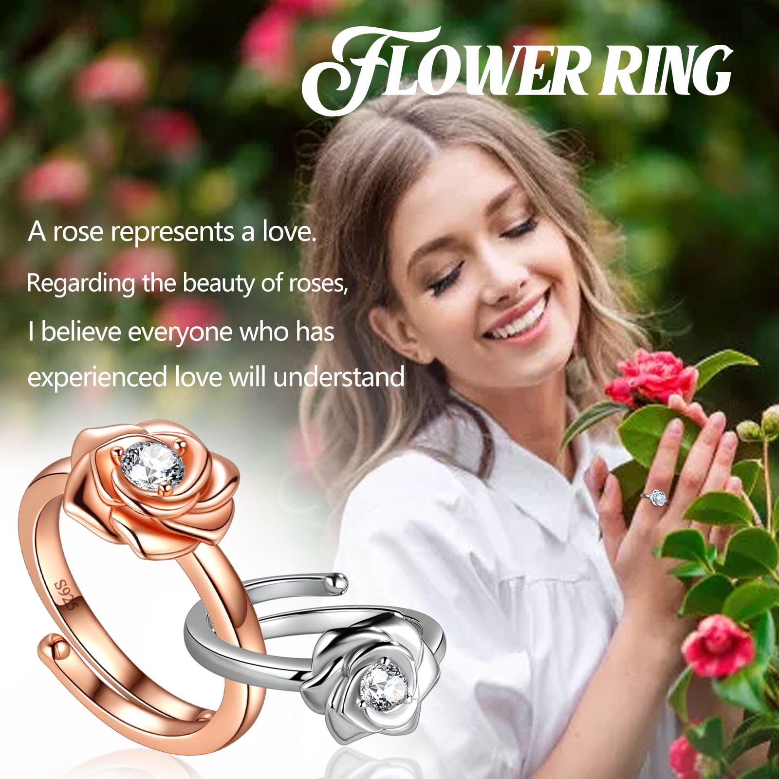 3D Rose Flower Ring 925 Sterling Silver Adjustable Promise Ring Women Jewelry Mother Birthday Christmas Valentine's Day Gifts for Her - Image 2