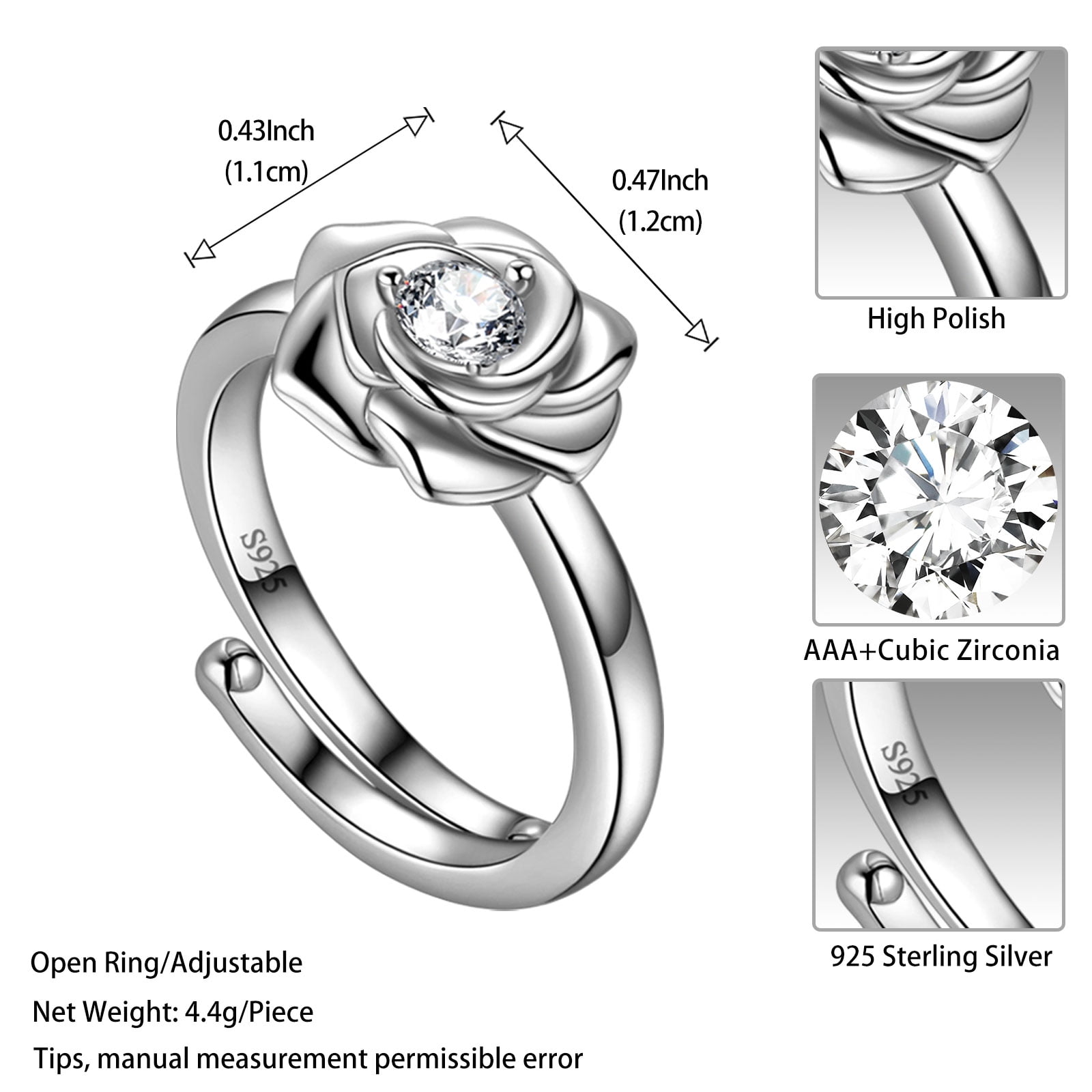 3D Rose Flower Ring 925 Sterling Silver Adjustable Promise Ring Women Jewelry Mother Birthday Christmas Valentine's Day Gifts for Her - Image 4