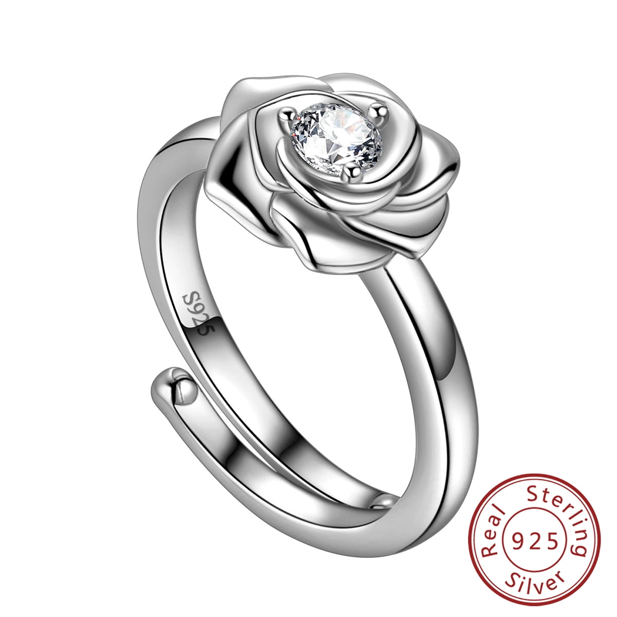 3D Rose Flower Ring 925 Sterling Silver Adjustable Promise Ring Women Jewelry Mother Birthday Christmas Valentine's Day Gifts for Her