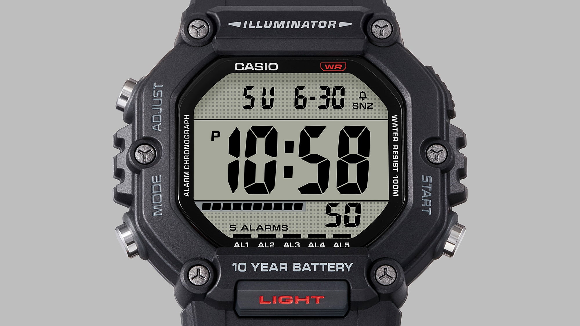 Casio Mens Digital Wristwatch Large Lcd 10-Yr Battery 100M Water Resistant Stopwatch Black - Image 3