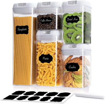 5 Pieces Airtight Food Storage Container Set - Pantry & Kitchen Organization Containers - Labels & Chalk Marker - BPA Free Clear Plastic Kitchen and Pantry Organization Containers