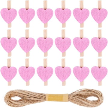 50Pcs Mini Wooden Clips Clothespins Pink Heart Clamp Natural Wood with Jute Twine Cute Clothes Pins Reusable for DIY Crafts Picture Memo Paper Hanging Wedding Party Photos Display Decoration