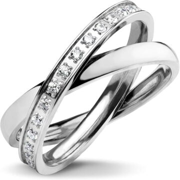 555Jewelry Womens Double Band High Polish Smooth Stainless Steel Interlocking Sparkling Cubic Zirconia Surrounded Fine Fashion Jewelries Friendship Band Rings, Silver Size 5.5