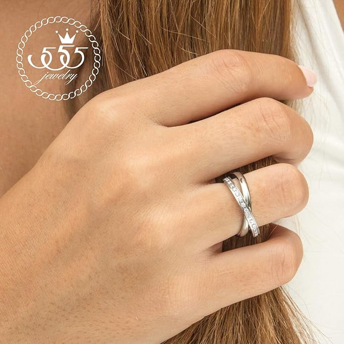 555Jewelry Womens Double Band High Polish Smooth Stainless Steel Interlocking Sparkling Cubic Zirconia Surrounded Fine Fashion Jewelries Friendship Band Rings, Silver Size 5.5 - Image 2