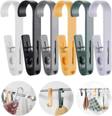 6Pcs Laundry Hooks with Clips Hanger Closet Organizer Clamps Hanging Socks Boot Bras Towels Shower Pegs for Bathroom Wardrobe Kitchen Office Holders Clothes Pins Heavy Duty Outdoor