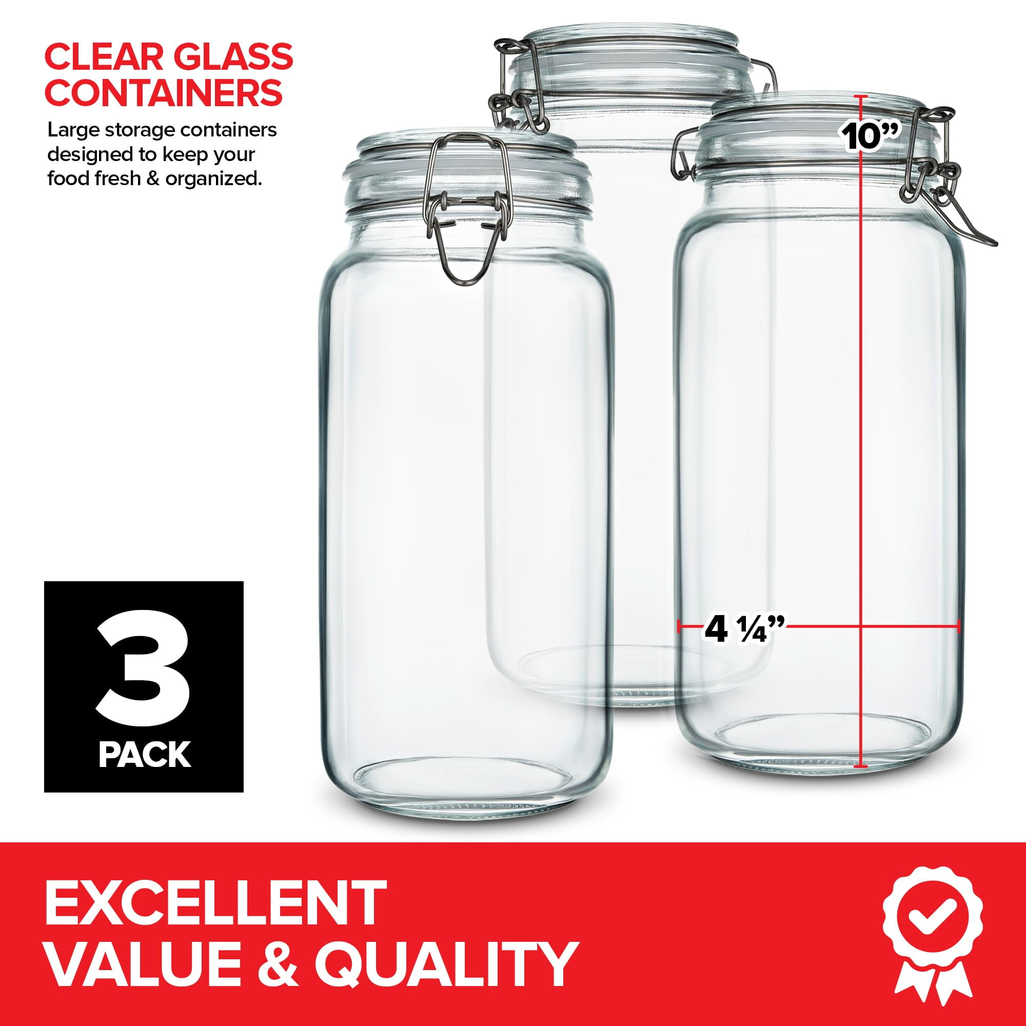 78 oz Large Glass Storage Containers With Airtight Clamp Lids, Set of 3 Hinge-Top Food Storage Mason Jars for Pantries, Sealed Glass Kitchen Jars for Flour, Pasta, Sugar or Cereal - Image 3