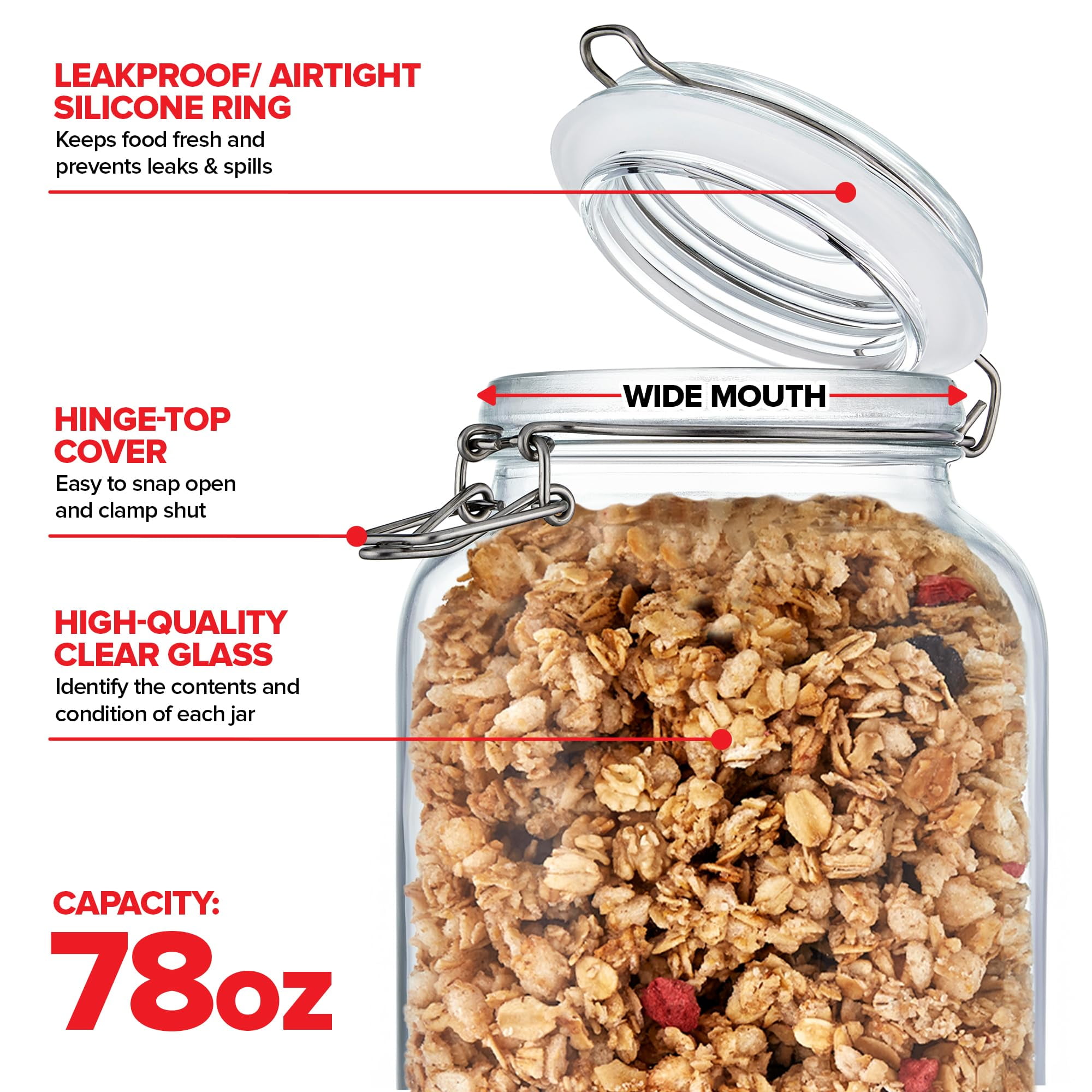 78 oz Large Glass Storage Containers With Airtight Clamp Lids, Set of 3 Hinge-Top Food Storage Mason Jars for Pantries, Sealed Glass Kitchen Jars for Flour, Pasta, Sugar or Cereal - Image 2
