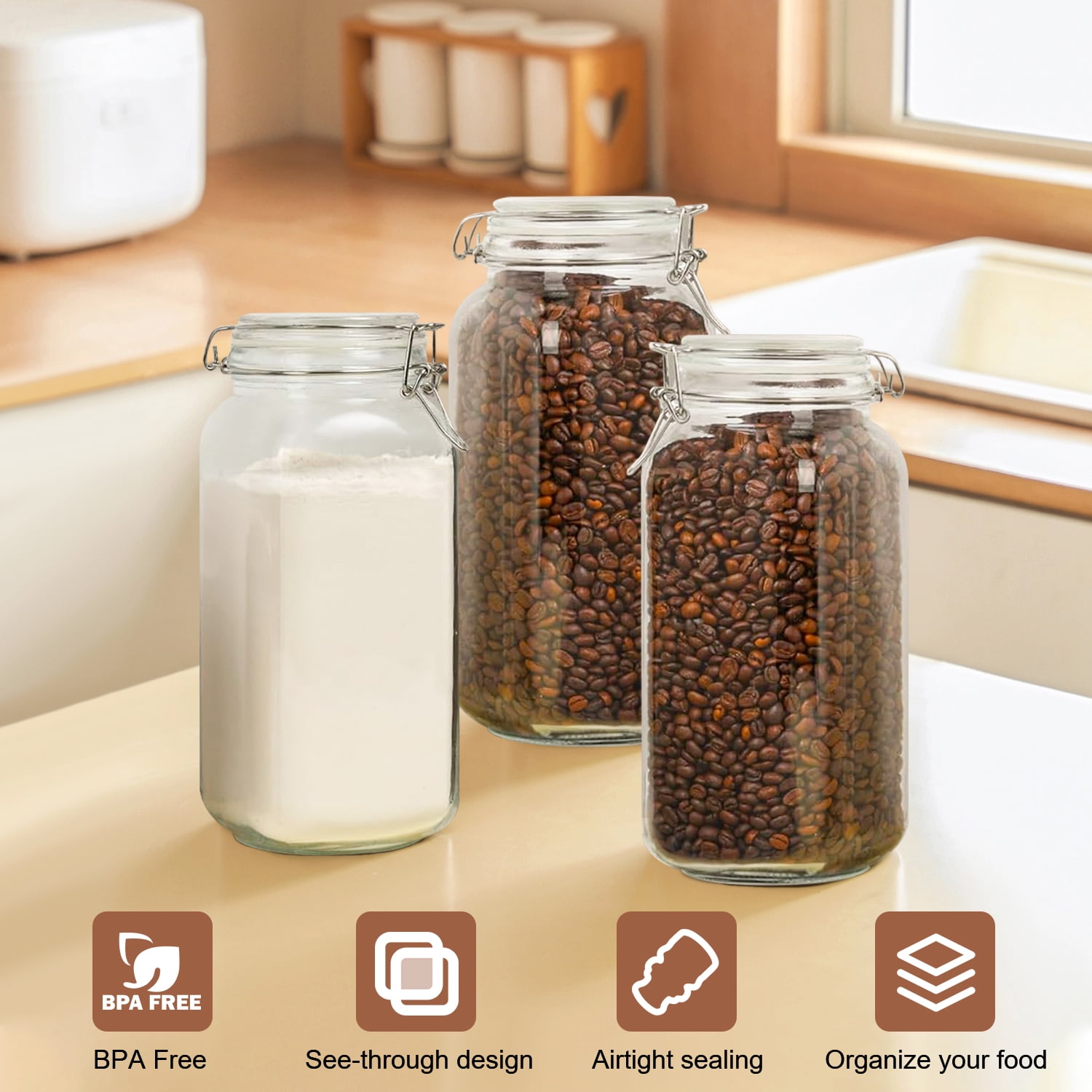 78oz Glass Jars with Airtight Lid : FOUKUS 3 Pack Large Food Storage Container with Labels, Clear Canister for Flour, Sugar, Pasta, Coffee, Cereals, Beans - Image 3