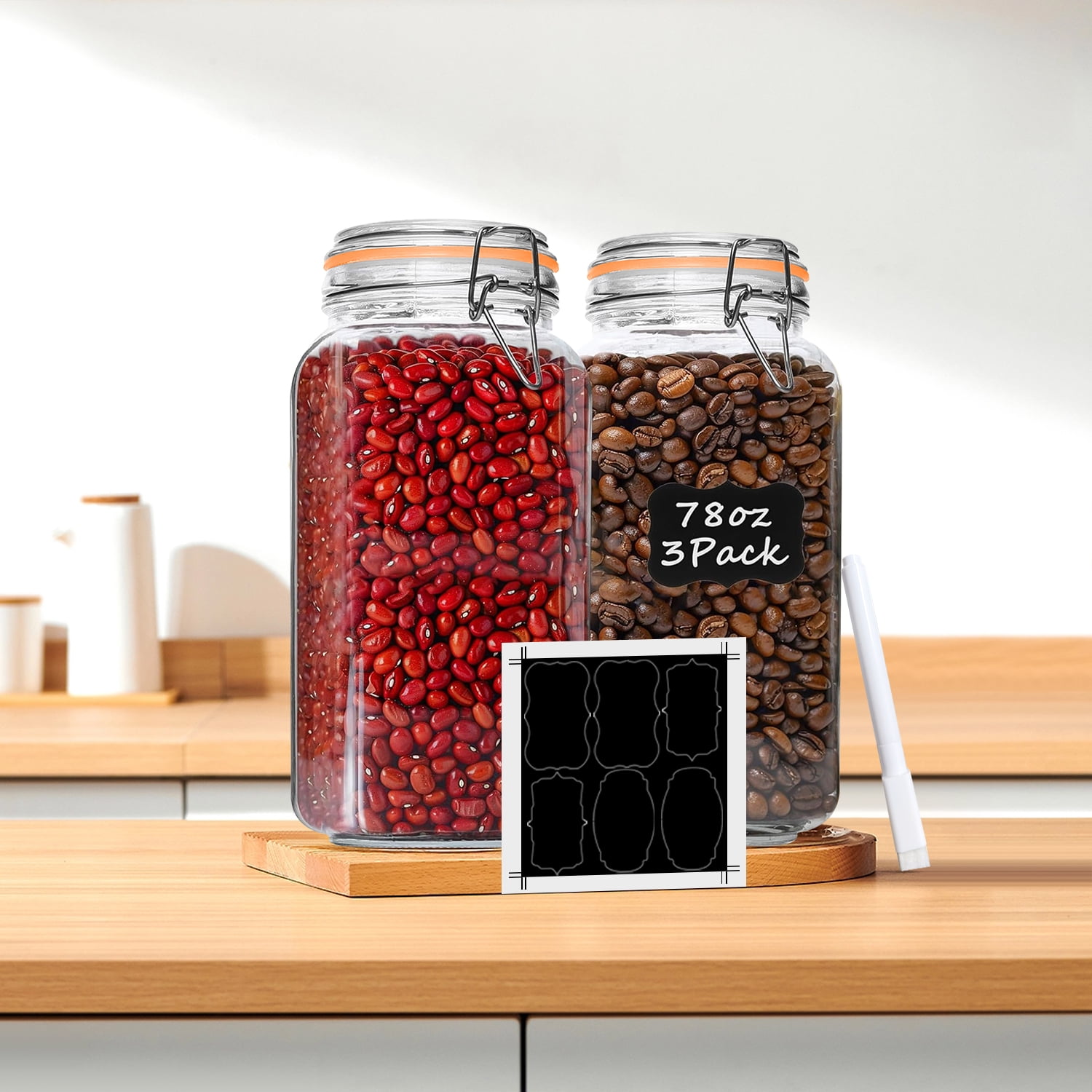 78oz Glass Jars with Airtight Lid : FOUKUS 3 Pack Large Food Storage Container with Labels, Clear Canister for Flour, Sugar, Pasta, Coffee, Cereals, Beans - Image 4