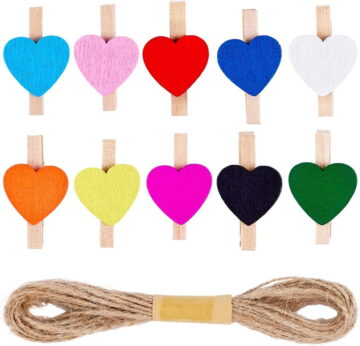 80Pcs 10 Colors Wooden Clips Clothespins Colorful Mini Heart Clothes Pins Cute Clips Natural Wood with Jute Twine for Crafts Picture Memo Paper Hanging Wedding Party Photos Display Decoration