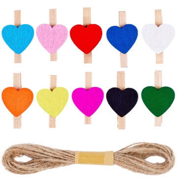 80Pcs 10 Colors Wooden Clips Tacks for Office & School Supplies Heart 2Bundles Jute Cord Jute String Mixed Color 30.5x19x9mm