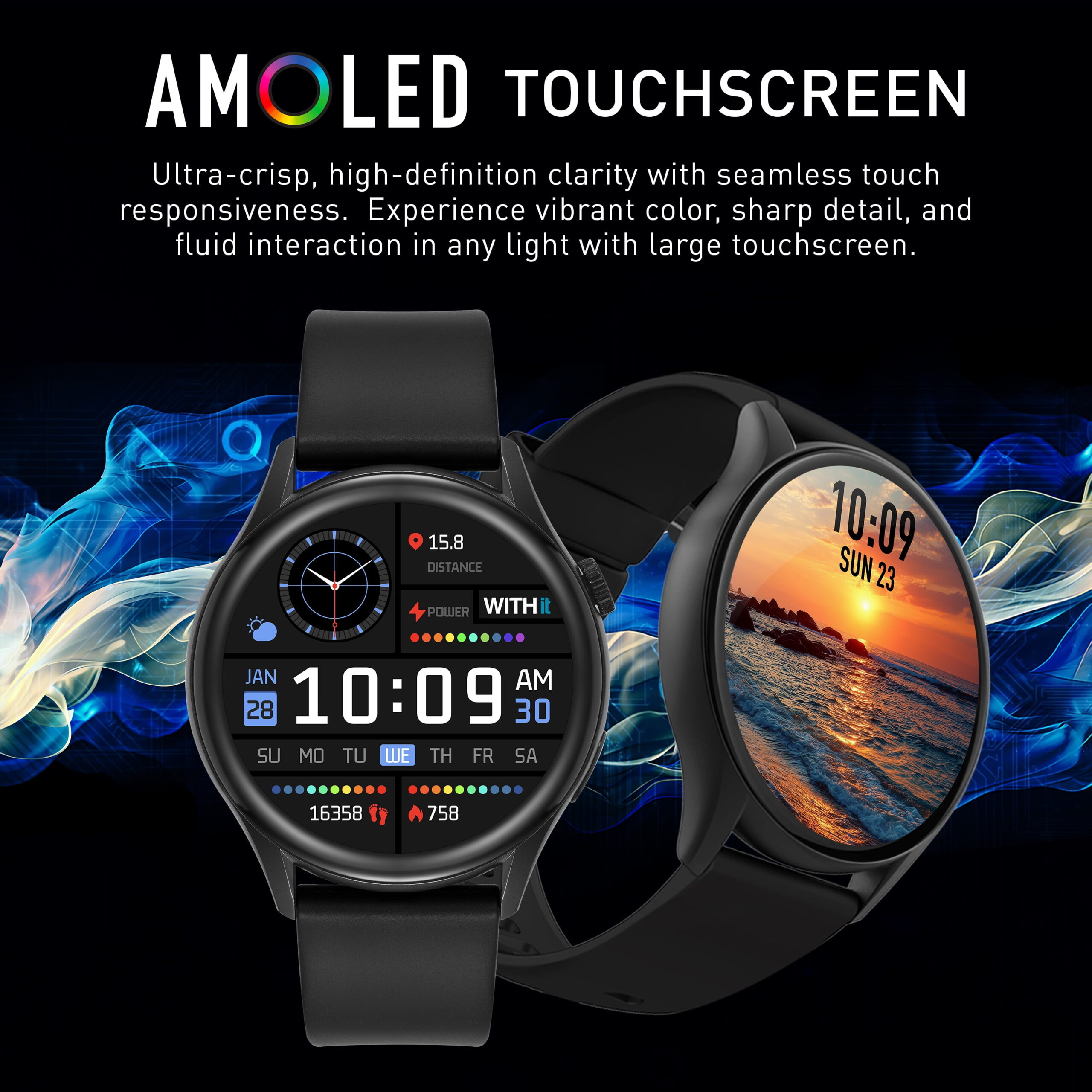 WITHit Unisex Deca Smartwatch with AMOLED Display, Black - Image 3
