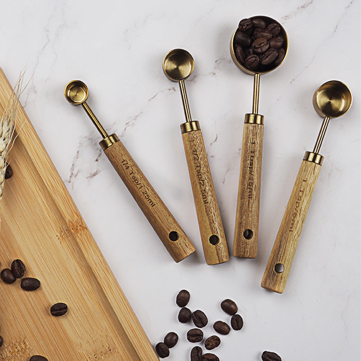 8Pcs Measure Cup and Spoon Set Gold Measuring Cup Spoon Set with Wooden Handle Stainless Steel Stackable Kitchen and Baking Measurement Kitchen Accessories for Home Kitchen Party - Image 5