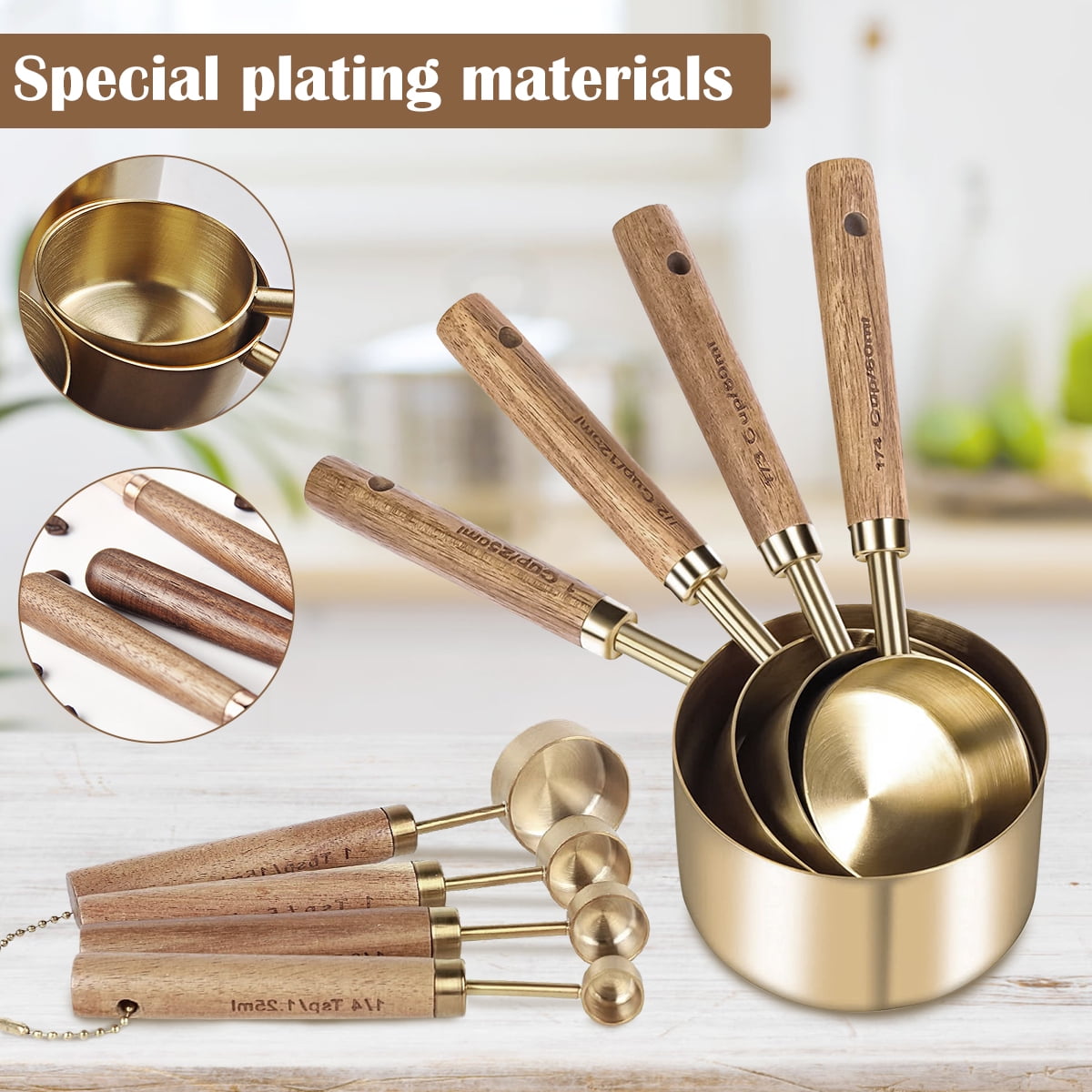 8Pcs Measure Cup and Spoon Set Gold Measuring Cup Spoon Set with Wooden Handle Stainless Steel Stackable Kitchen and Baking Measurement Kitchen Accessories for Home Kitchen Party - Image 4