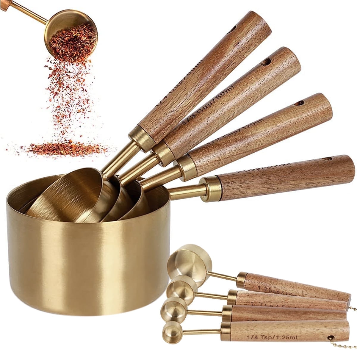 8Pcs Measure Cup and Spoon Set Gold Measuring Cup Spoon Set with Wooden Handle Stainless Steel Stackable Kitchen and Baking Measurement Kitchen Accessories for Home Kitchen Party - Image 2