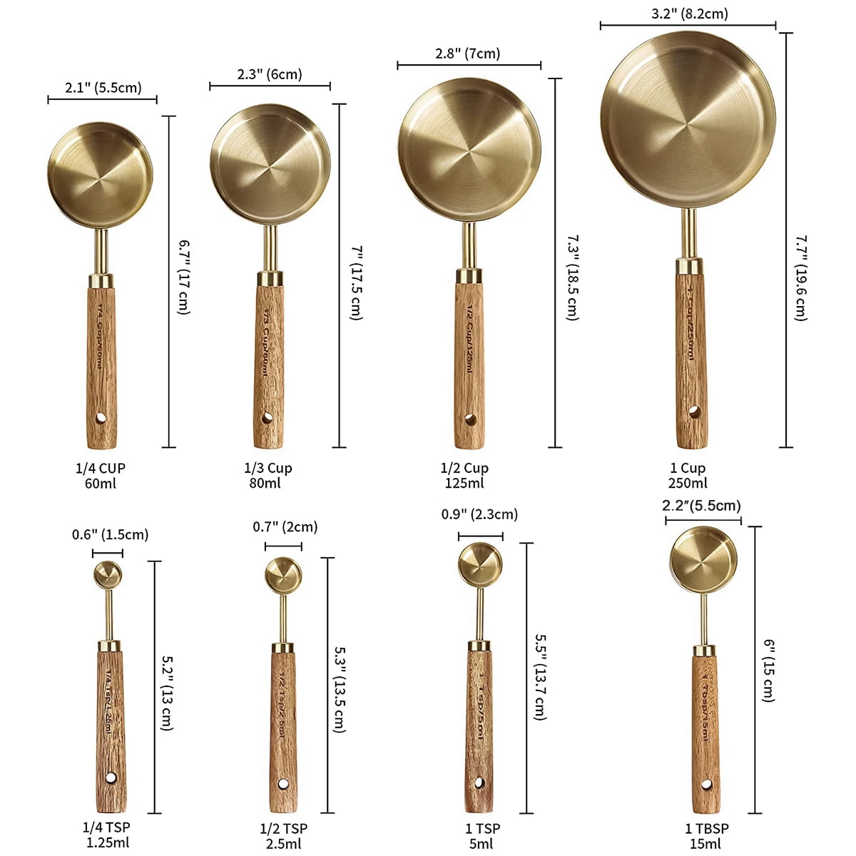 8Pcs Measure Cup and Spoon Set Gold Measuring Cup Spoon Set with Wooden Handle Stainless Steel Stackable Kitchen and Baking Measurement Kitchen Accessories for Home Kitchen Party - Image 3