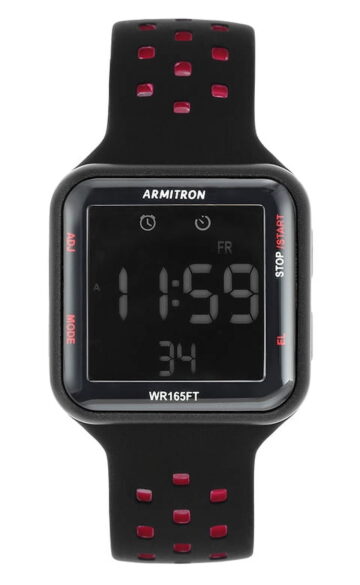 Armitron Unisex Adult Sport Black Red Square Wristwatch with Silicone Band