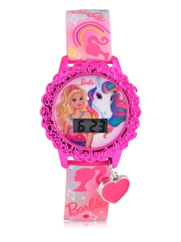 Barbie Kids Flashing Lights LCD Watch with Printed Strap and Heart Shaped Hanging Charm (BDT4156WM)