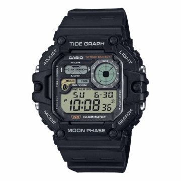 Casio Mens Digital Wristwatch Tide/Moon Graph Display Fishing Timer 10-Yr Battery 100M Wr Led Backlight Stopwatch Risin Black